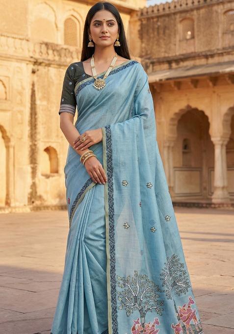 Sky Blue Weaving Work Cotton Saree Set