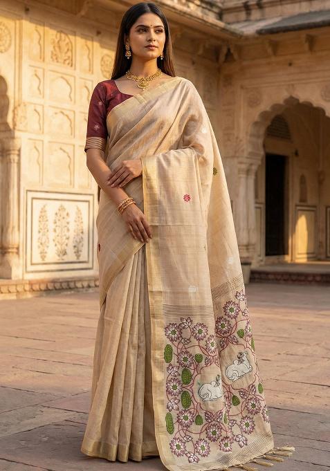 Cream Weaving Work Cotton Saree Set