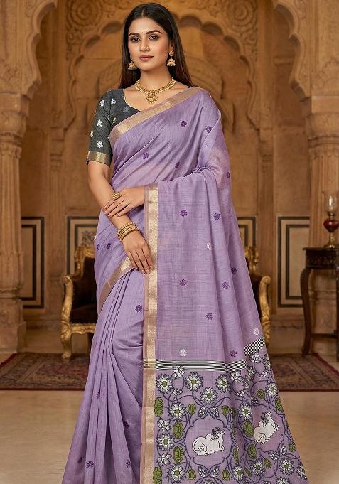 Lavender Weaving Work Cotton Saree Set