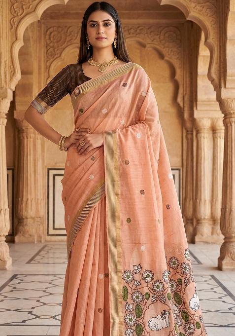 Peach Weaving Work Cotton Saree Set