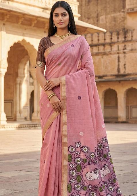 Pink Weaving Work Cotton Saree Set