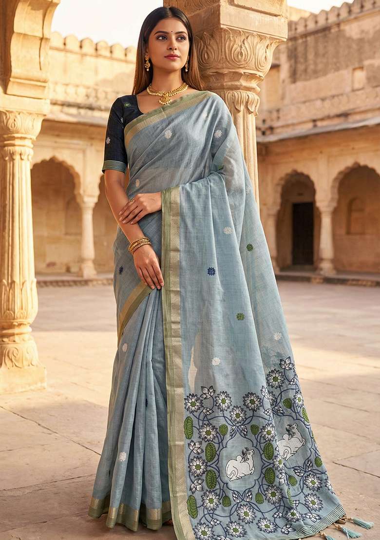 Sky Blue Weaving Work Cotton Saree Set for Diwali and Festive Wear - Indya