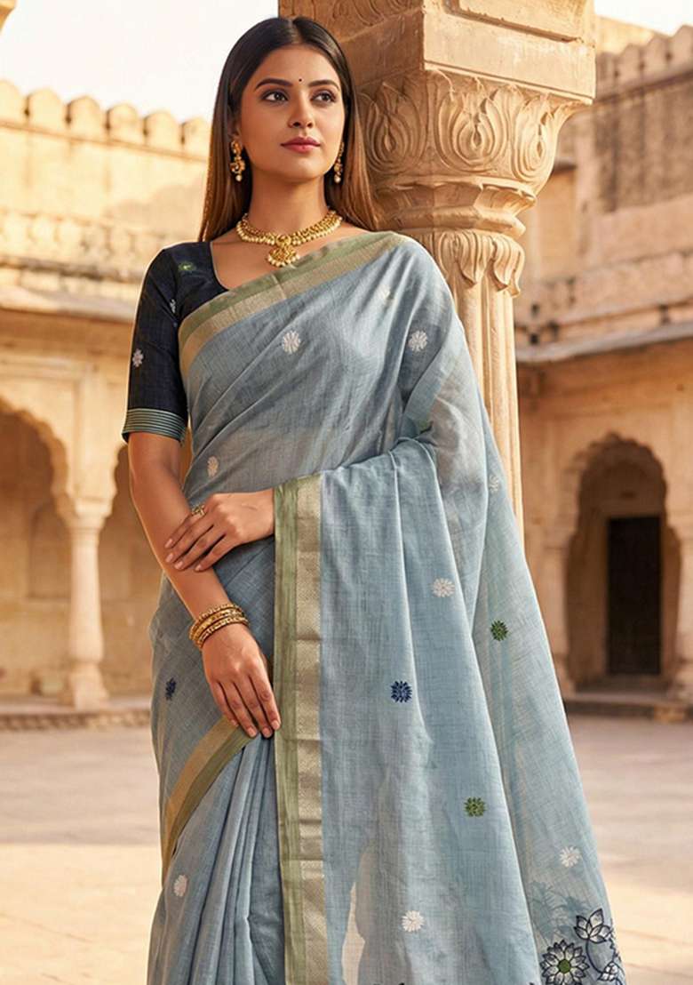 Sky Blue Weaving Work Cotton Saree Set for Diwali and Festive Wear - Indya