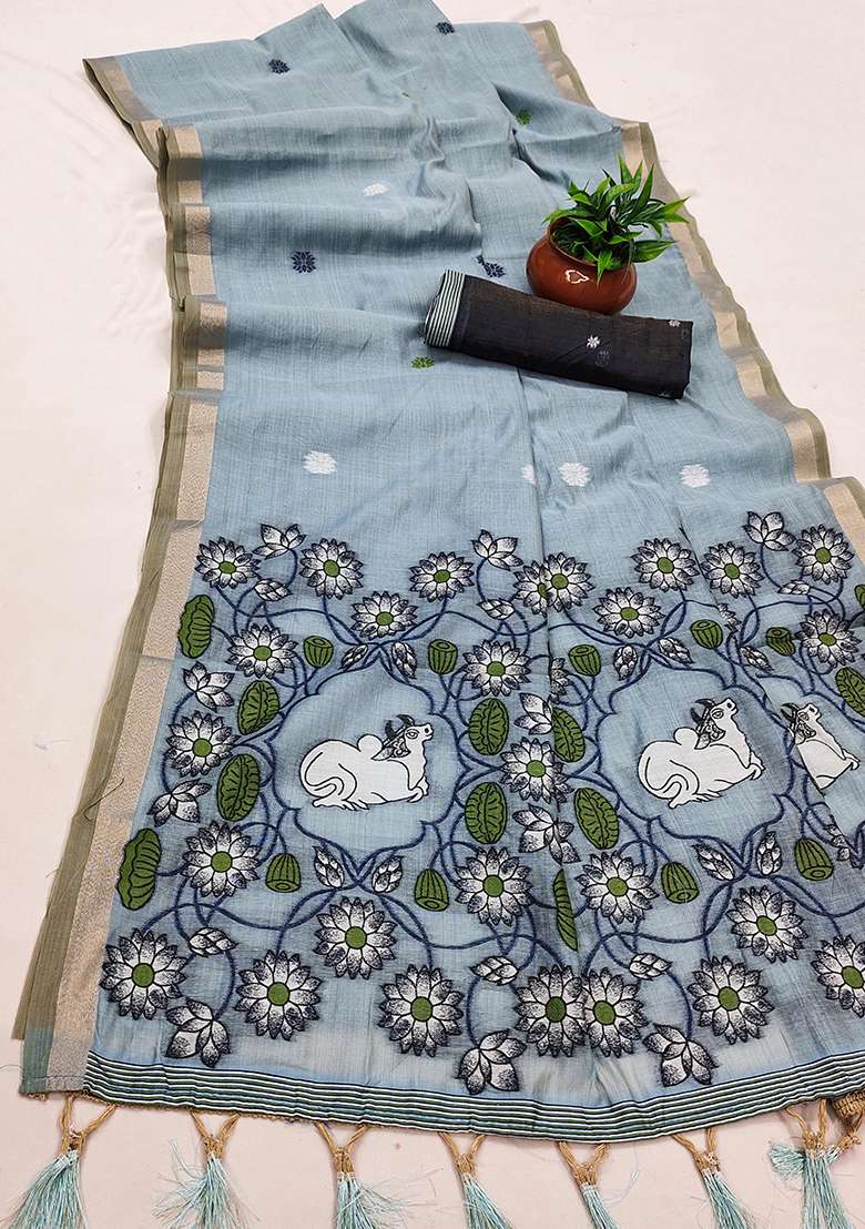 Sky Blue Weaving Work Cotton Saree Set for Diwali and Festive Wear - Indya