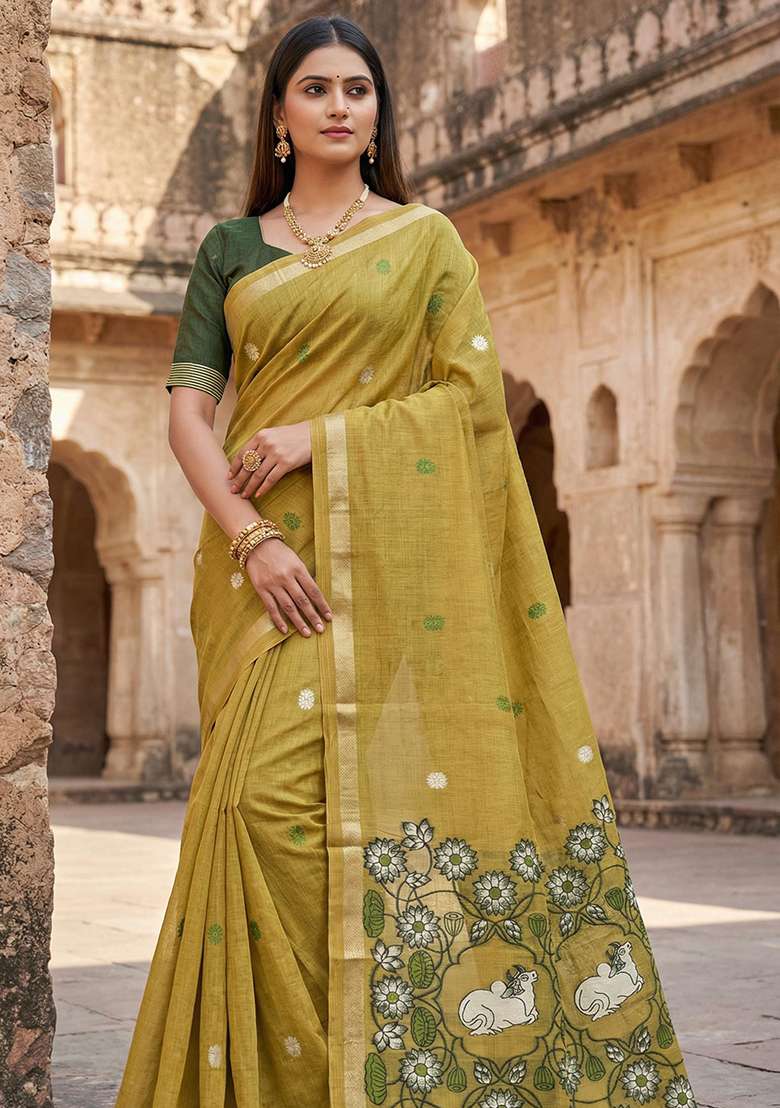 Yellow Weaving Work Cotton Saree Set for Diwali | Wedding & Festive Wear - Indya