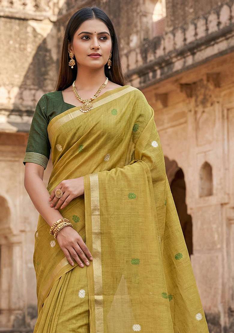 Yellow Weaving Work Cotton Saree Set for Diwali | Wedding & Festive Wear - Indya