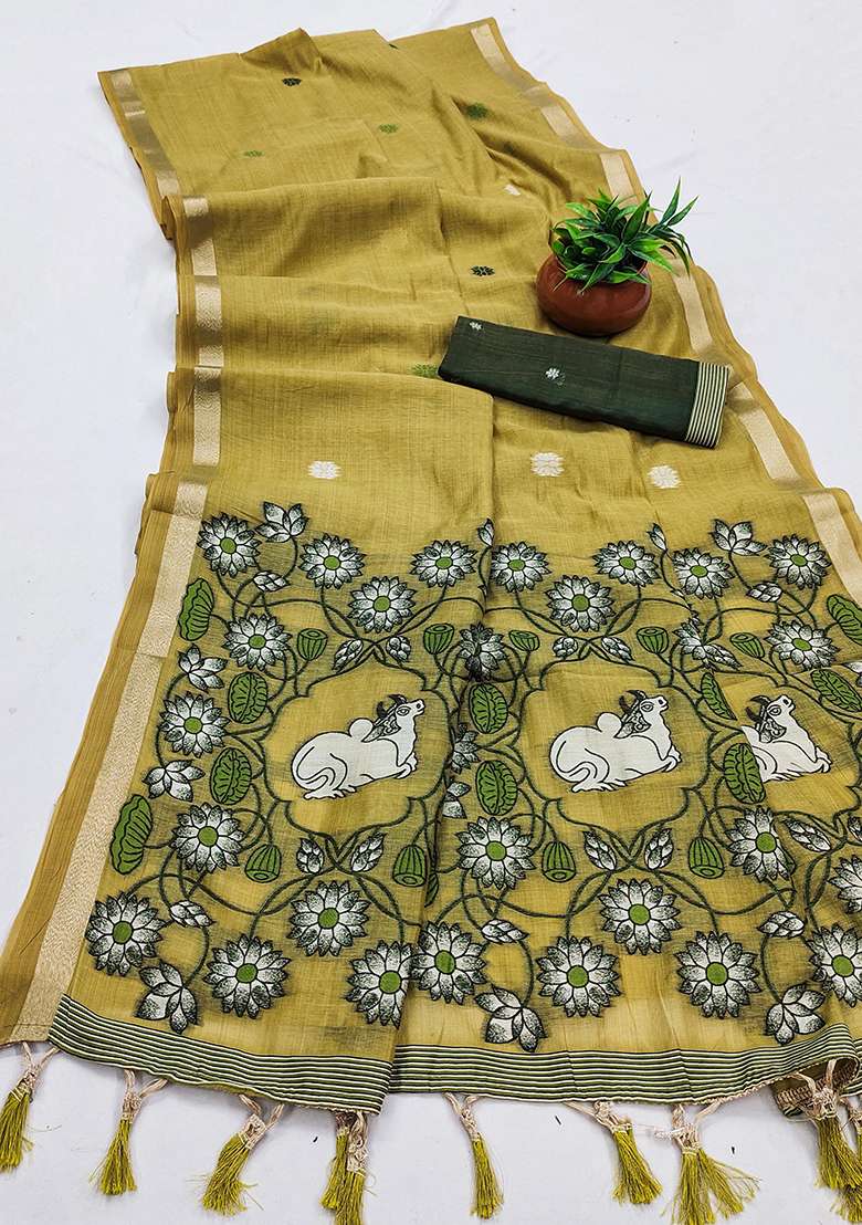 Yellow Weaving Work Cotton Saree Set for Diwali | Wedding & Festive Wear - Indya
