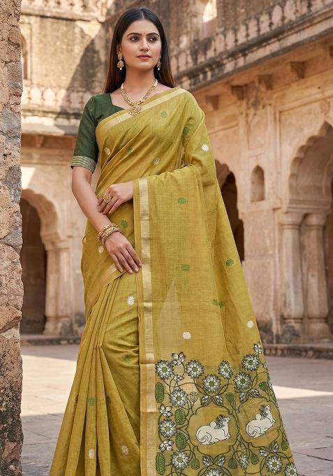 Yellow Weaving Work Cotton Saree Set