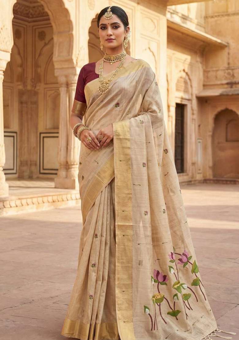 Cream Weaving Work Cotton Saree Set for Diwali | Wedding & Festive Wear - Indya