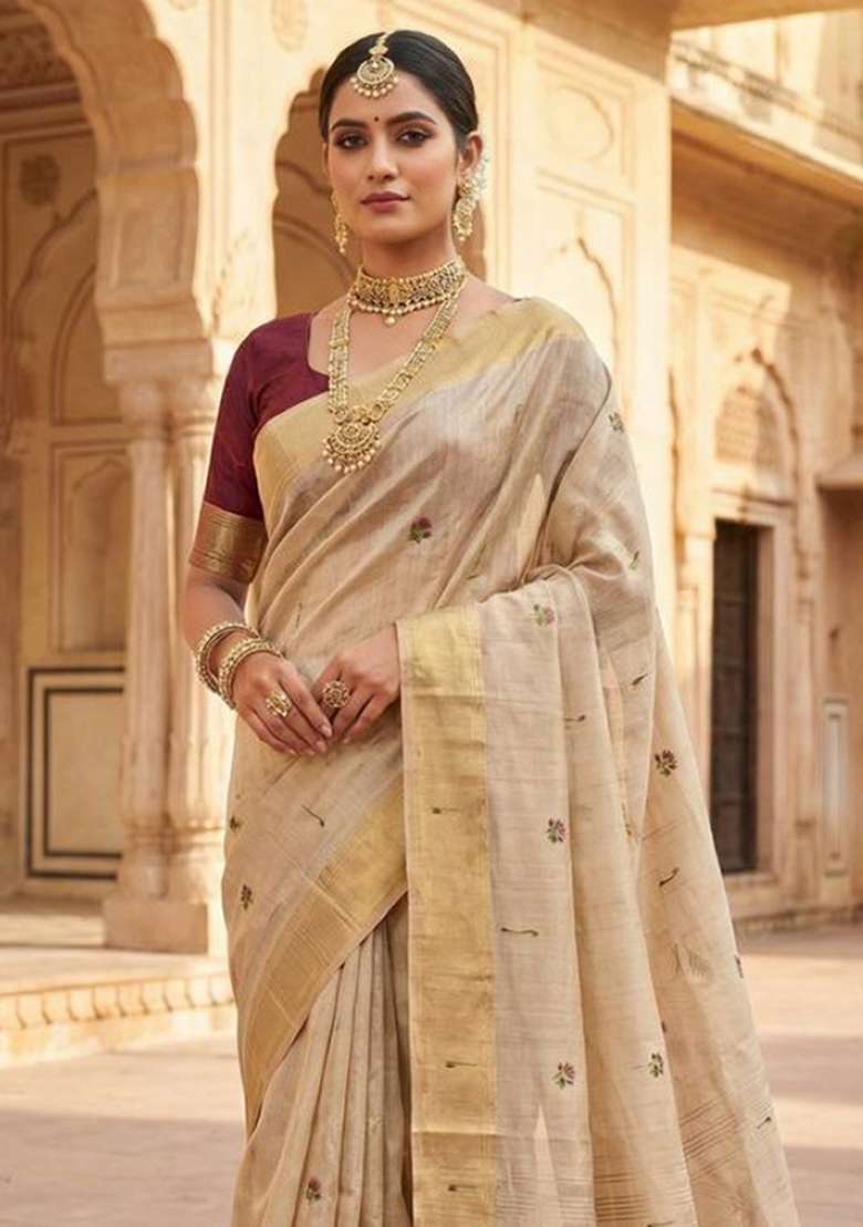 Cream Weaving Work Cotton Saree Set for Diwali | Wedding & Festive Wear - Indya
