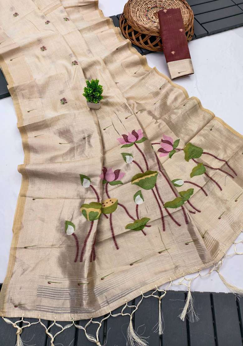 Cream Weaving Work Cotton Saree Set for Diwali | Wedding & Festive Wear - Indya
