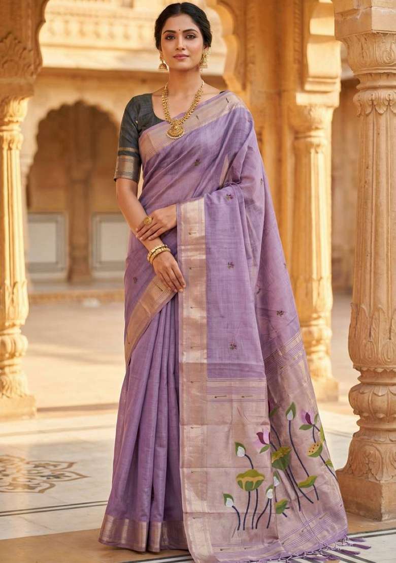 Lavender Weaving Work Cotton Saree Set for Diwali | Wedding & Festive Wear - Indya