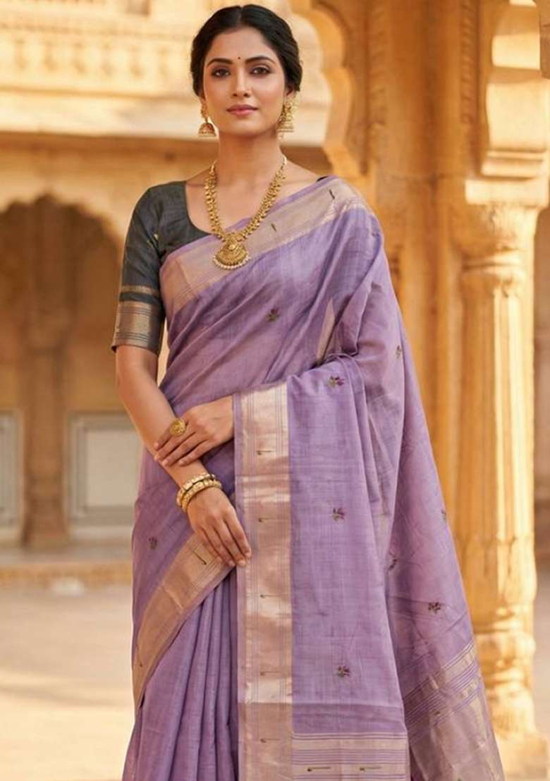 Lavender Weaving Work Cotton Saree Set for Diwali | Wedding & Festive Wear - Indya