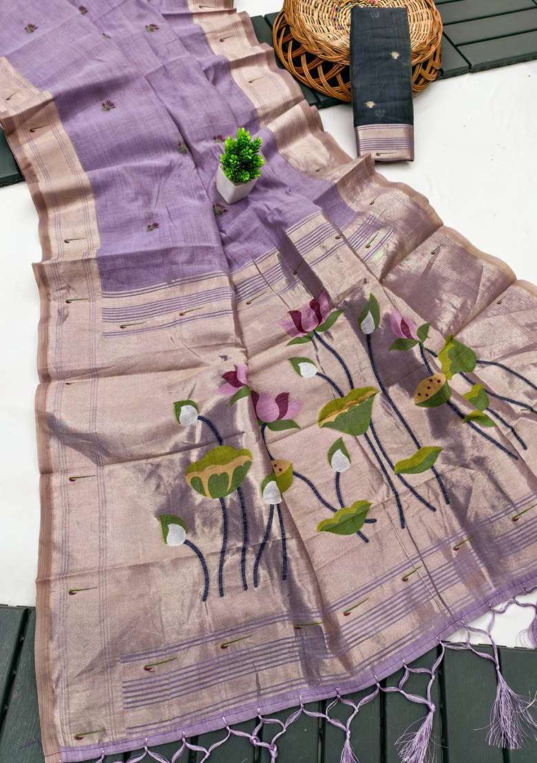 Lavender Weaving Work Cotton Saree Set for Diwali | Wedding & Festive Wear - Indya