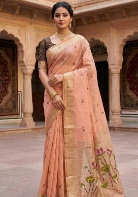Peach Weaving Work Cotton Saree Set