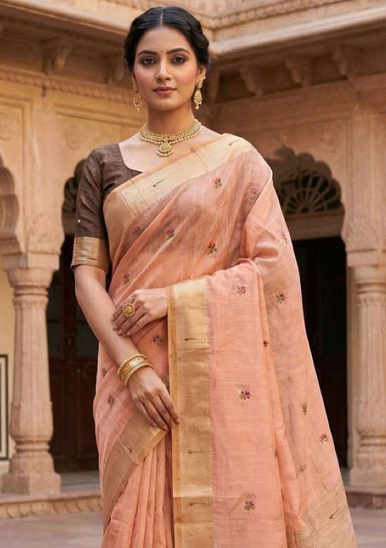 Peach Weaving Work Cotton Saree Set for Diwali | Wedding & Festive Wear - Indya