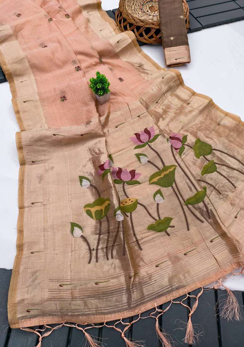 Peach Weaving Work Cotton Saree Set for Diwali | Wedding & Festive Wear - Indya