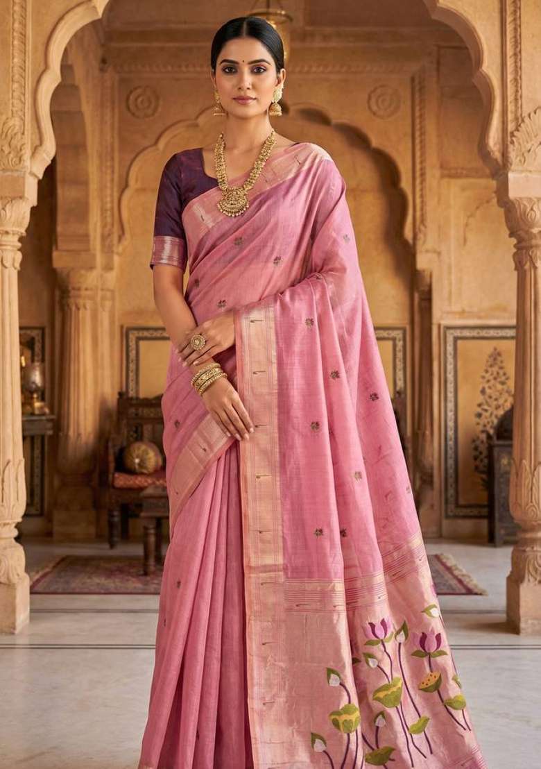 Pink Weaving Work Cotton Saree Set for Diwali and Festive Wear - Indya