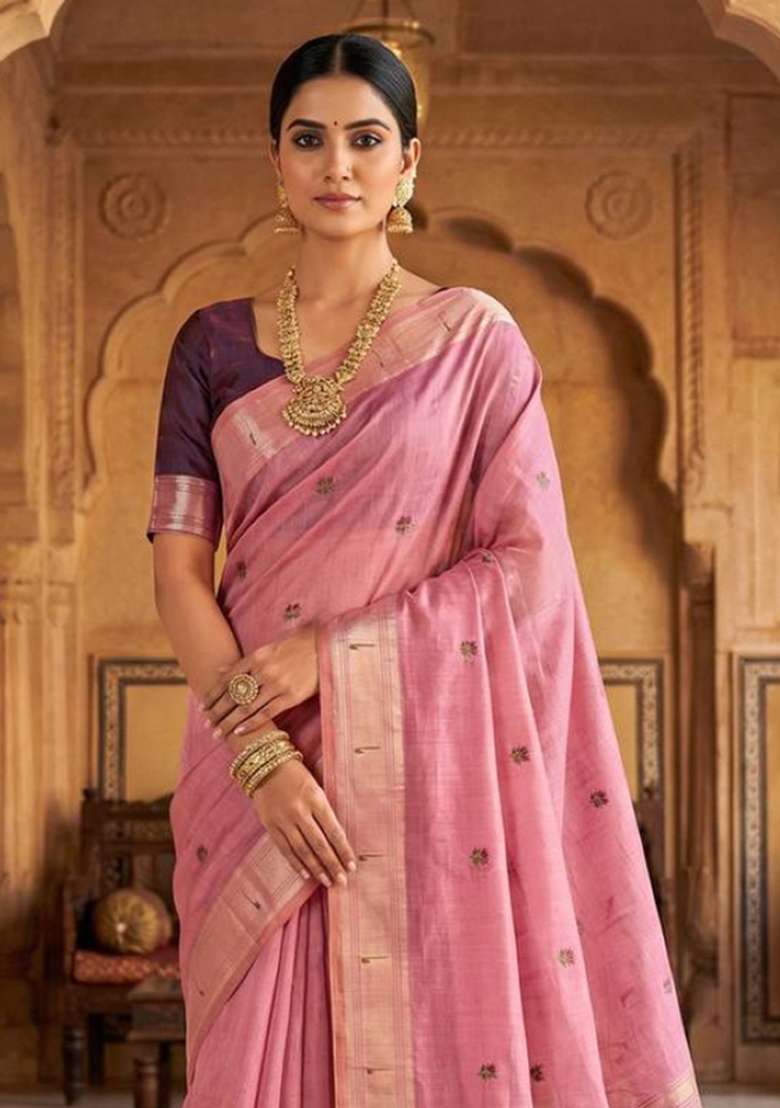 Pink Weaving Work Cotton Saree Set for Diwali and Festive Wear - Indya
