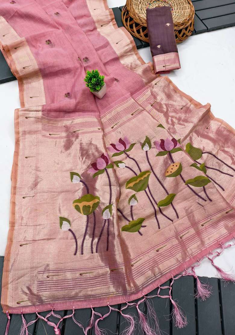 Pink Weaving Work Cotton Saree Set for Diwali and Festive Wear - Indya