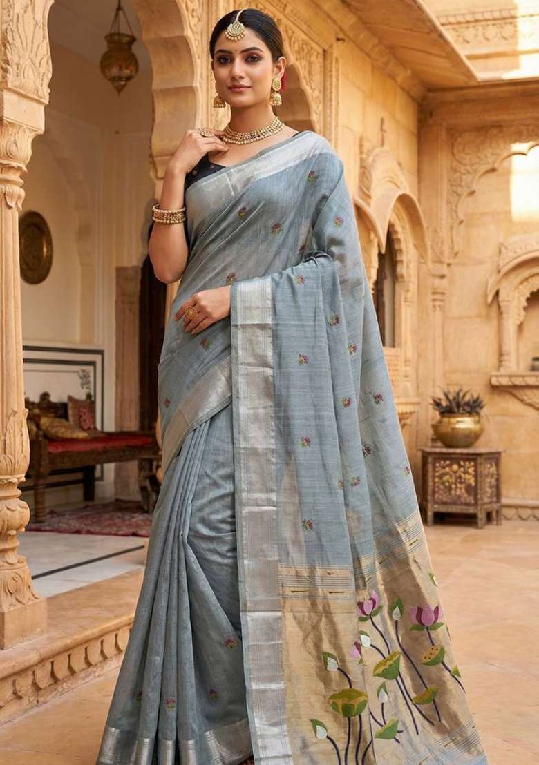 Sky Blue Weaving Work Cotton Saree Set for Diwali | Wedding & Festive Wear - Indya