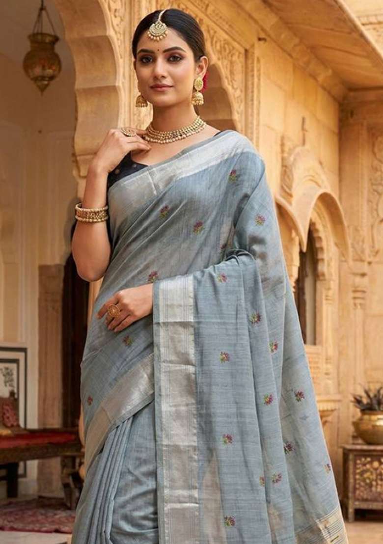Sky Blue Weaving Work Cotton Saree Set for Diwali | Wedding & Festive Wear - Indya