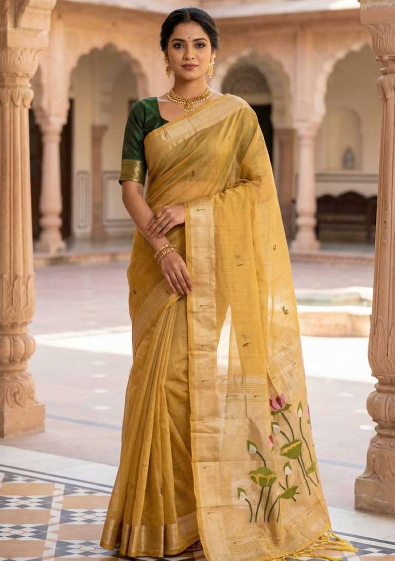 Yellow Weaving Work Cotton Saree Set for Diwali and Festive Wear - Indya