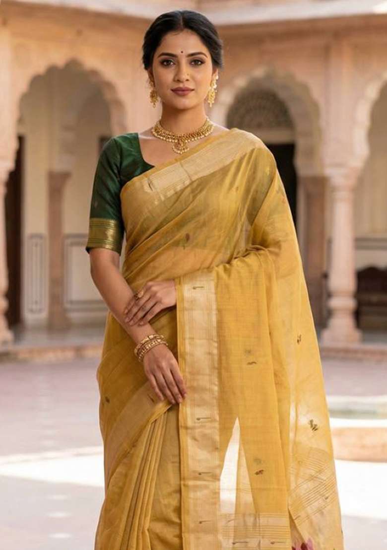 Yellow Weaving Work Cotton Saree Set for Diwali and Festive Wear - Indya