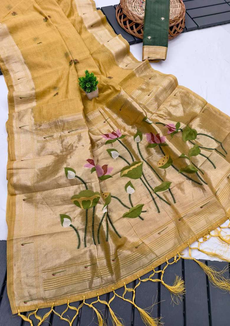Yellow Weaving Work Cotton Saree Set for Diwali and Festive Wear - Indya
