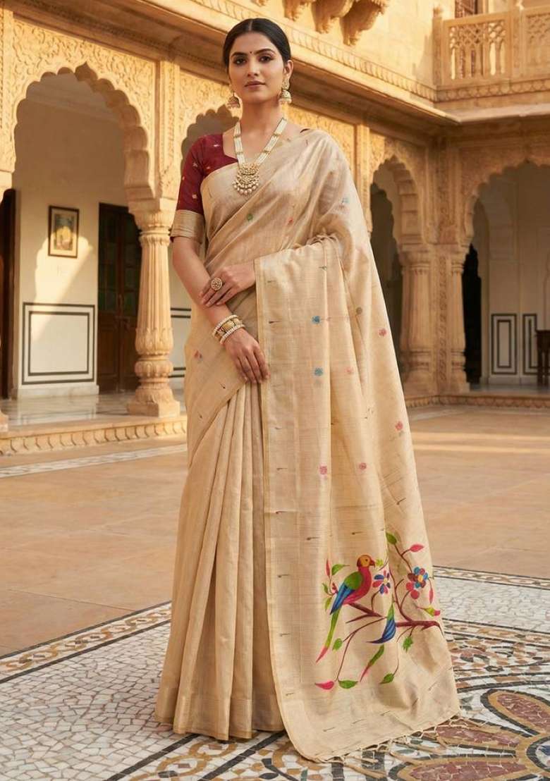 Cream Weaving Work Cotton Saree Set for Diwali | Wedding & Festive Wear - Indya