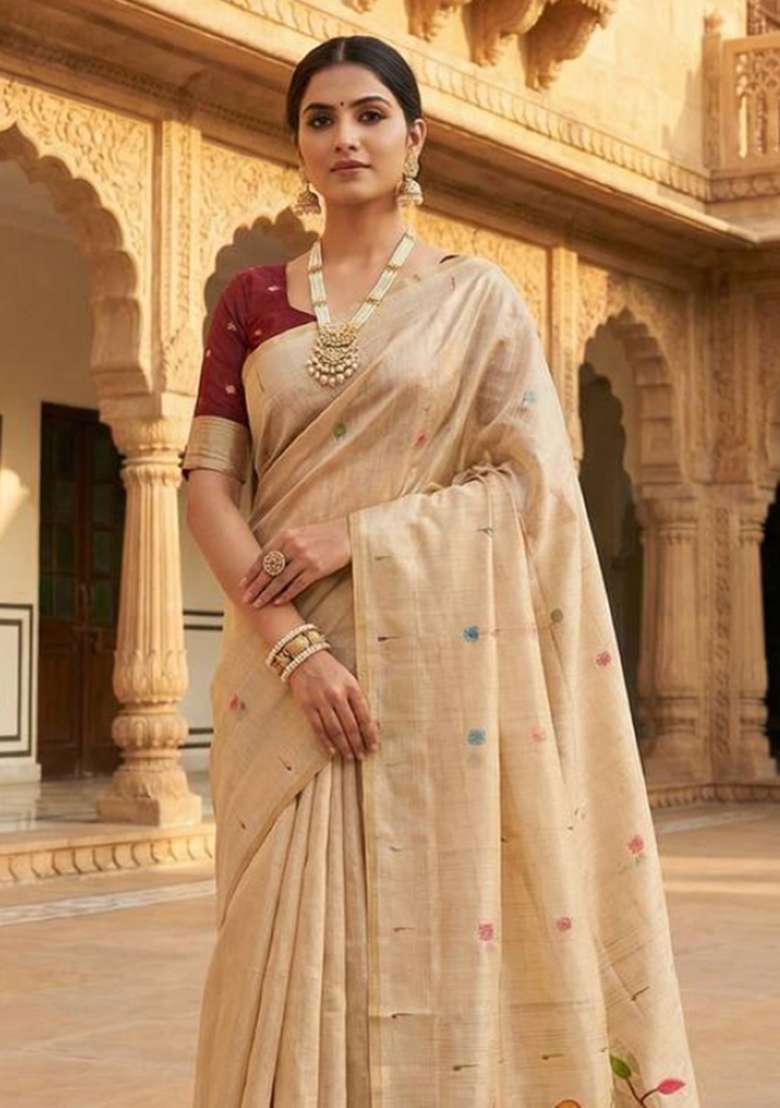 Cream Weaving Work Cotton Saree Set for Diwali | Wedding & Festive Wear - Indya