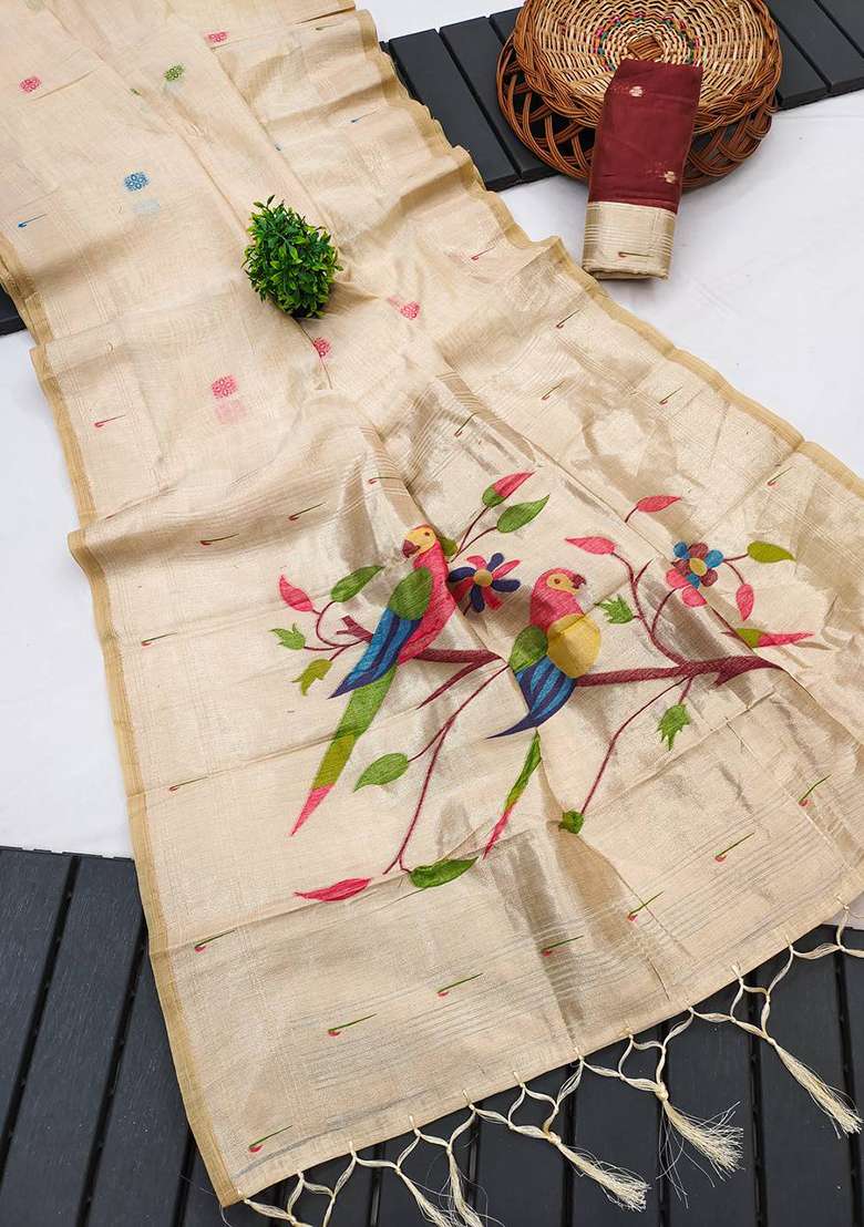 Cream Weaving Work Cotton Saree Set for Diwali | Wedding & Festive Wear - Indya