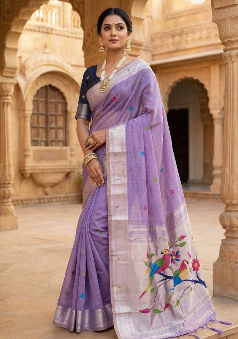 Lavender Weaving Work Cotton Saree Set for Diwali | Wedding & Festive Wear - Indya