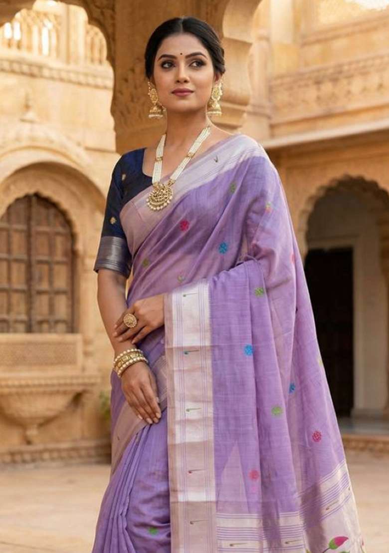 Lavender Weaving Work Cotton Saree Set for Diwali | Wedding & Festive Wear - Indya
