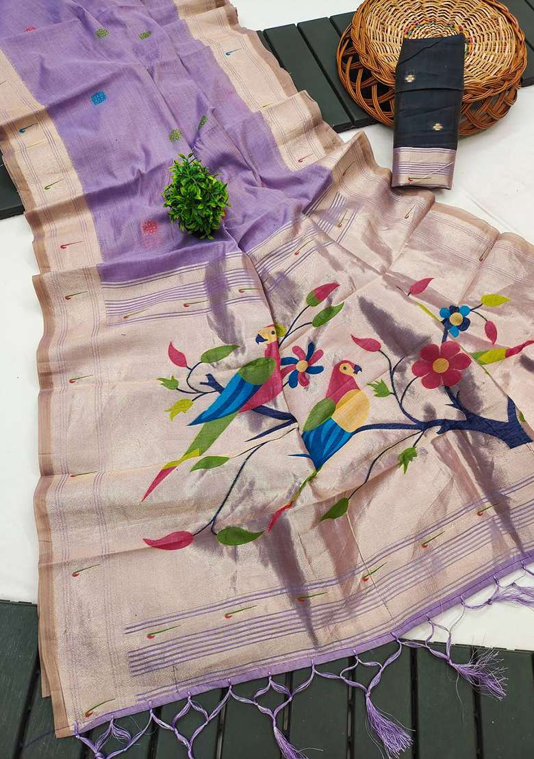 Lavender Weaving Work Cotton Saree Set for Diwali | Wedding & Festive Wear - Indya