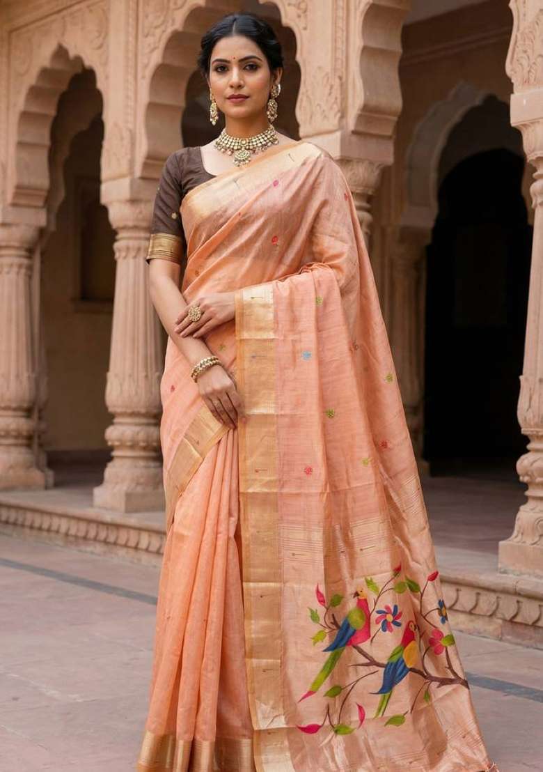 Peach Weaving Work Cotton Saree Set for Diwali | Wedding & Festive Wear - Indya