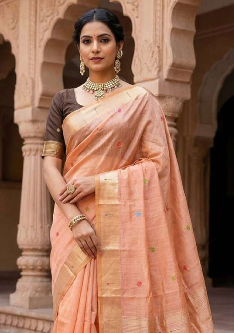 Peach Weaving Work Cotton Saree Set for Diwali | Wedding & Festive Wear - Indya