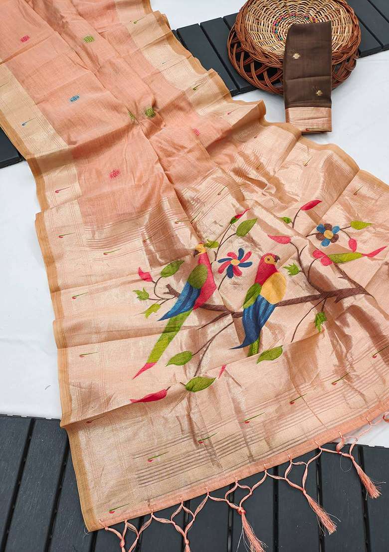 Peach Weaving Work Cotton Saree Set for Diwali | Wedding & Festive Wear - Indya