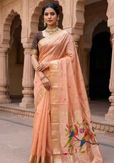 Peach Weaving Work Cotton Saree Set