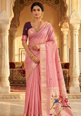 Pink Weaving Work Cotton Saree Set