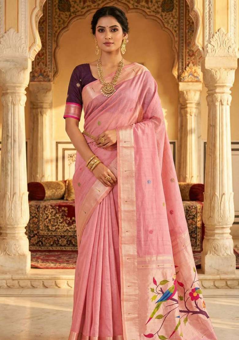 Pink Weaving Work Cotton Saree Set for Diwali and Festive Wear - Indya
