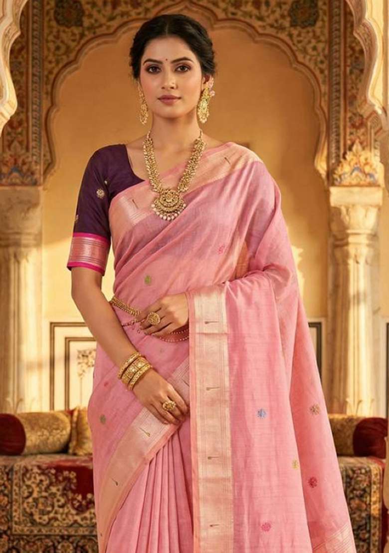 Pink Weaving Work Cotton Saree Set for Diwali and Festive Wear - Indya