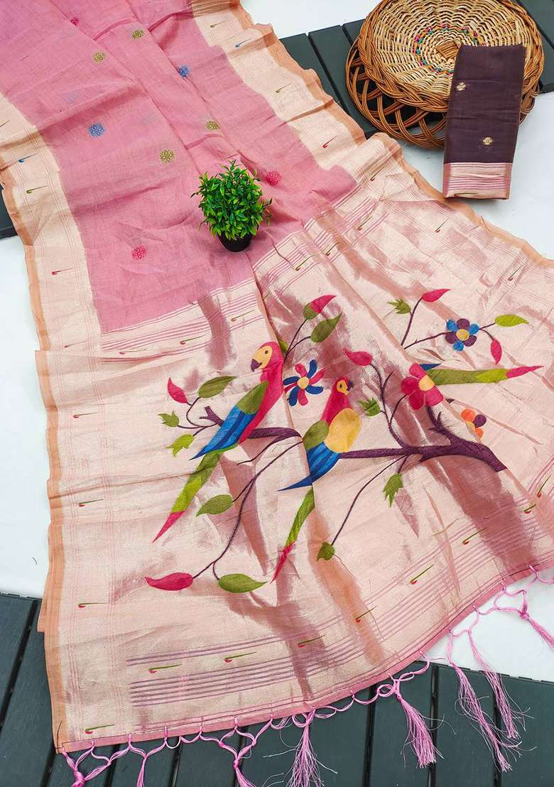 Pink Weaving Work Cotton Saree Set for Diwali and Festive Wear - Indya