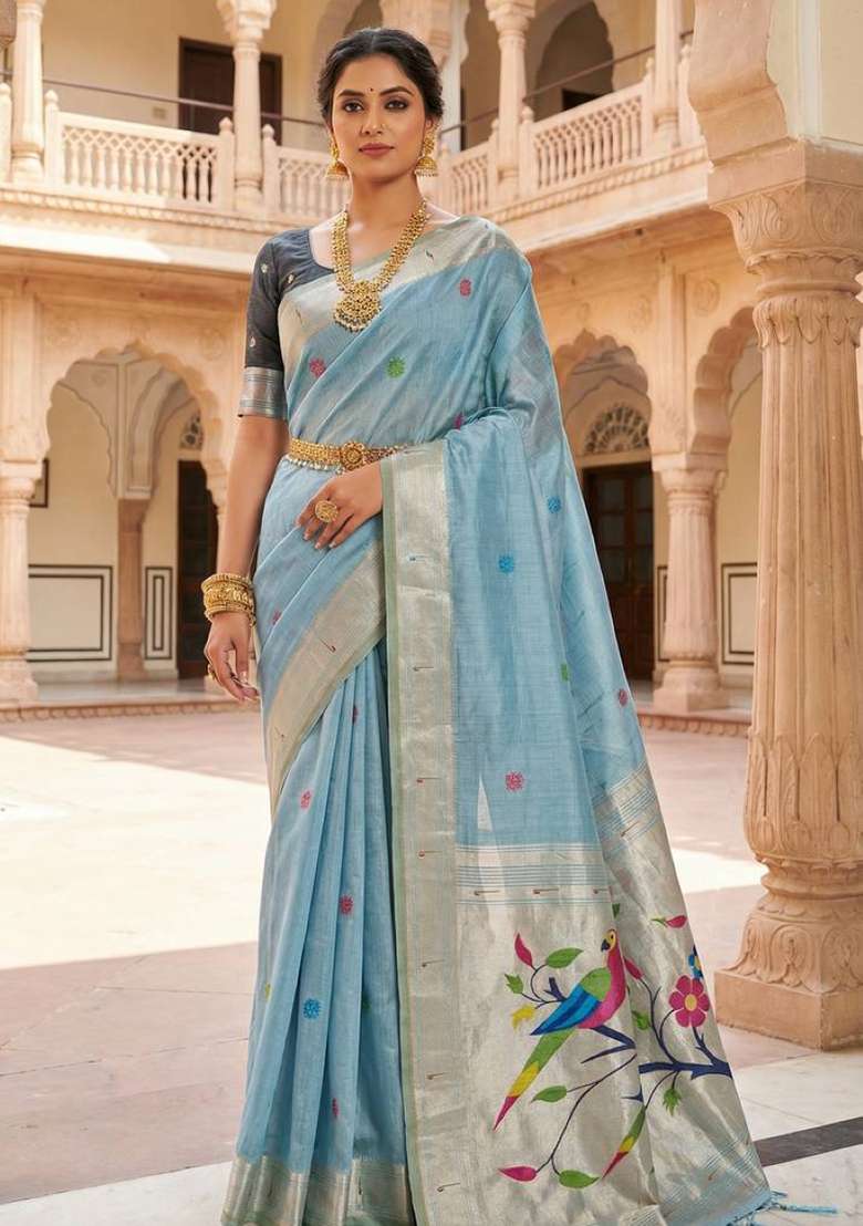 Sky Blue Weaving Work Cotton Saree Set for Diwali and Festive Wear - Indya