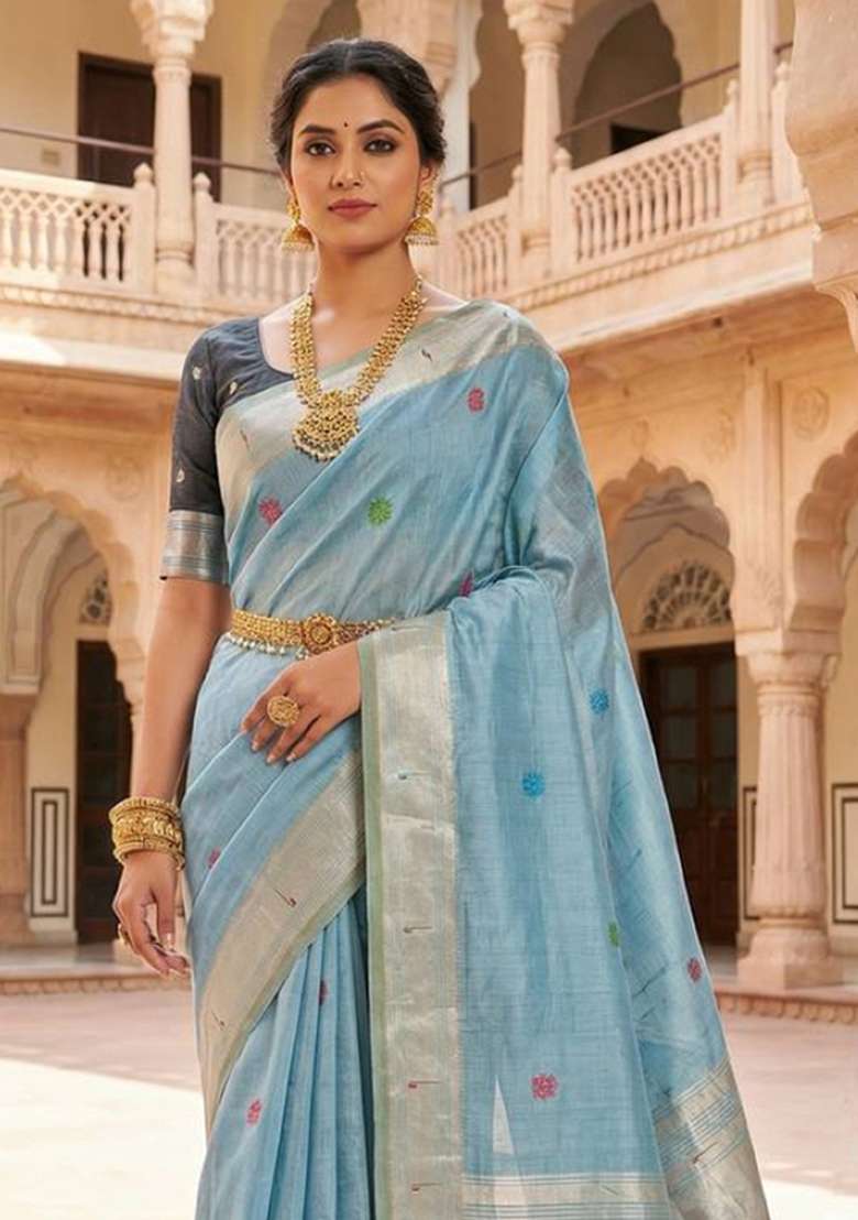 Sky Blue Weaving Work Cotton Saree Set for Diwali and Festive Wear - Indya