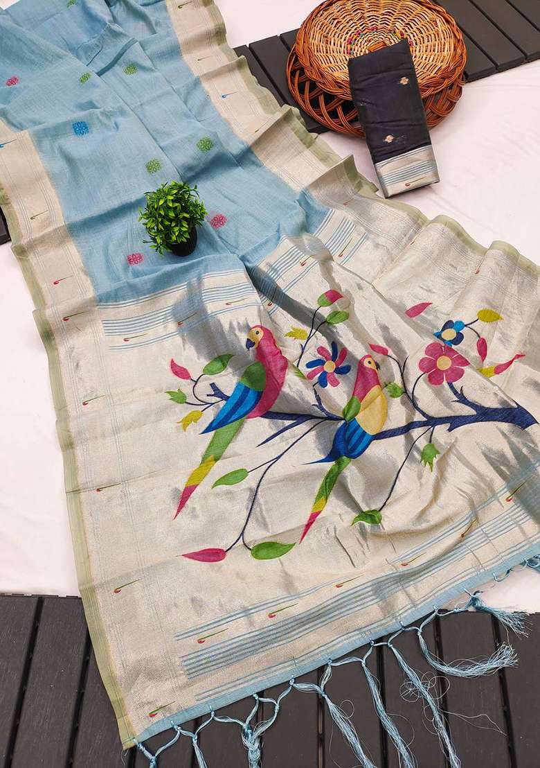 Sky Blue Weaving Work Cotton Saree Set for Diwali and Festive Wear - Indya