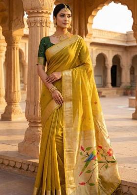 Yellow Weaving Work Cotton Saree Set