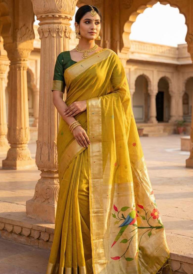 Yellow Weaving Work Cotton Saree Set for Diwali | Wedding & Festive Wear - Indya