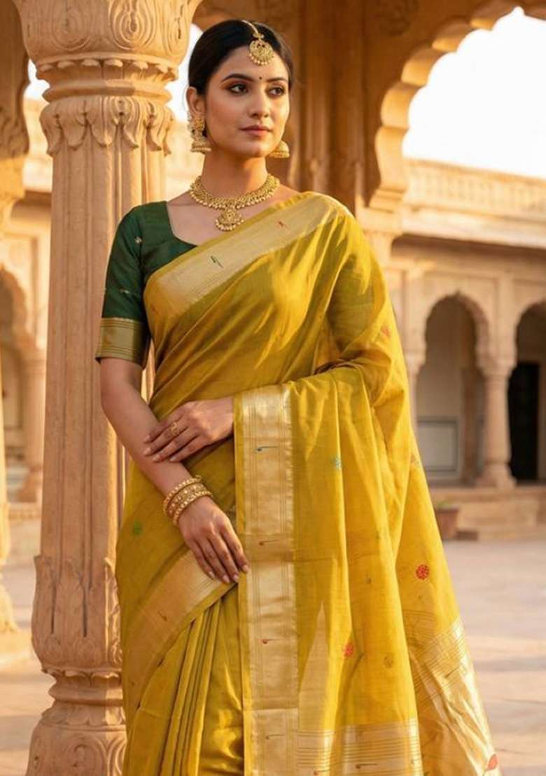 Yellow Weaving Work Cotton Saree Set for Diwali | Wedding & Festive Wear - Indya