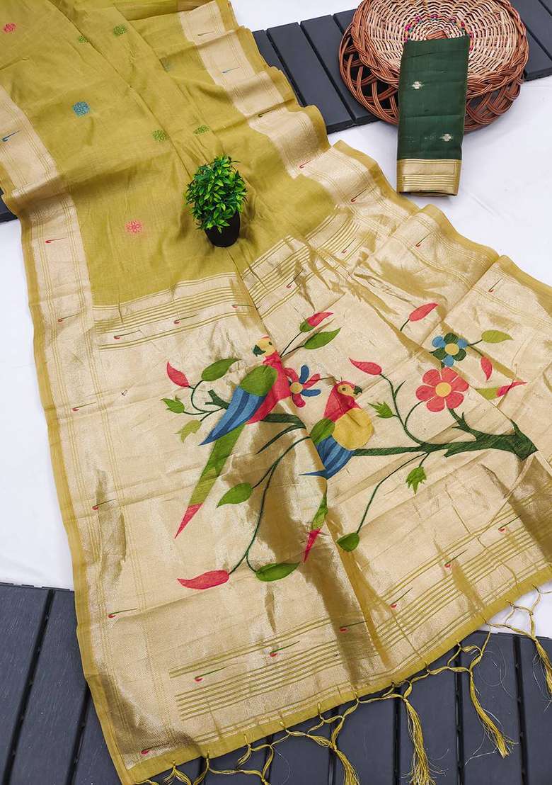 Yellow Weaving Work Cotton Saree Set for Diwali | Wedding & Festive Wear - Indya